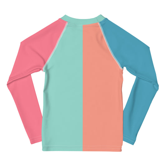 kids long sleeve rash guard swim top UPF50 palm beach by night colorblock pink.