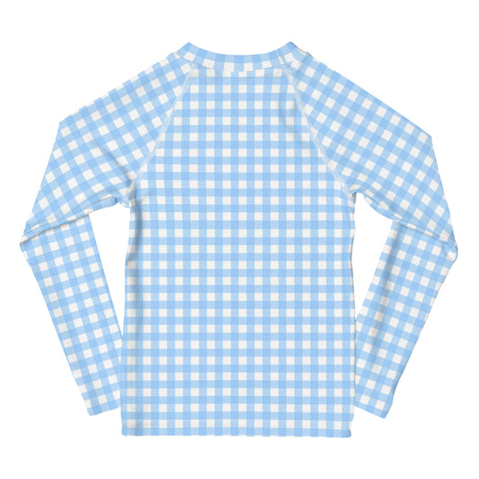 YMT classics kids long sleeve rash guard swim top UPF50 by day baby blue gingham.