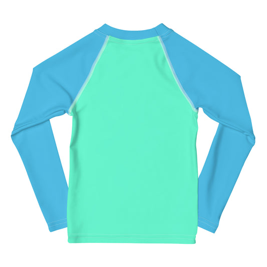 YMT classics kids long sleeve rash guard swim top UPF50 by night neon green blue.