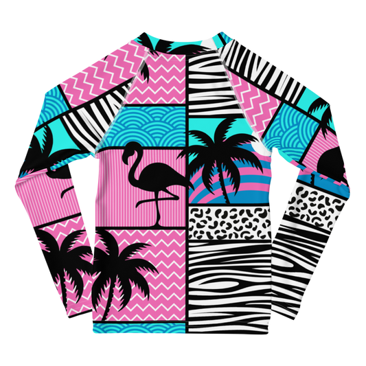 kids long sleeve rash guard swim top UPF50 miami by night blue pink art deco.