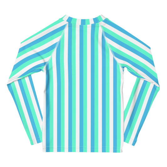 kids long sleeve rash guard swim top UPF50 miami by day neon blue green stripes.