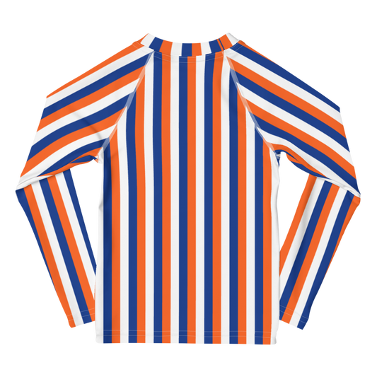 kids long sleeve rash guard swim top UPF50 new york by day orange blue indigo stripes.