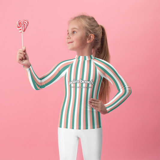 kids long sleeve rash guard swim top UPF50 palm beach by day pink green stripes.