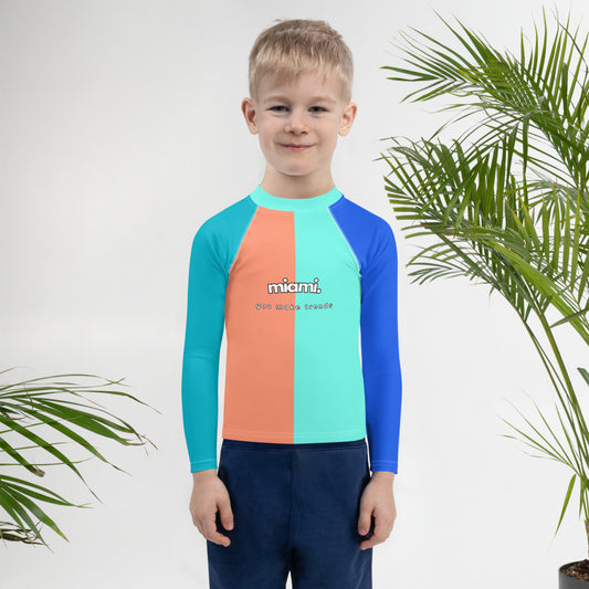 kids long sleeve rash guard swim top UPF50 miami by night colorblock blue.