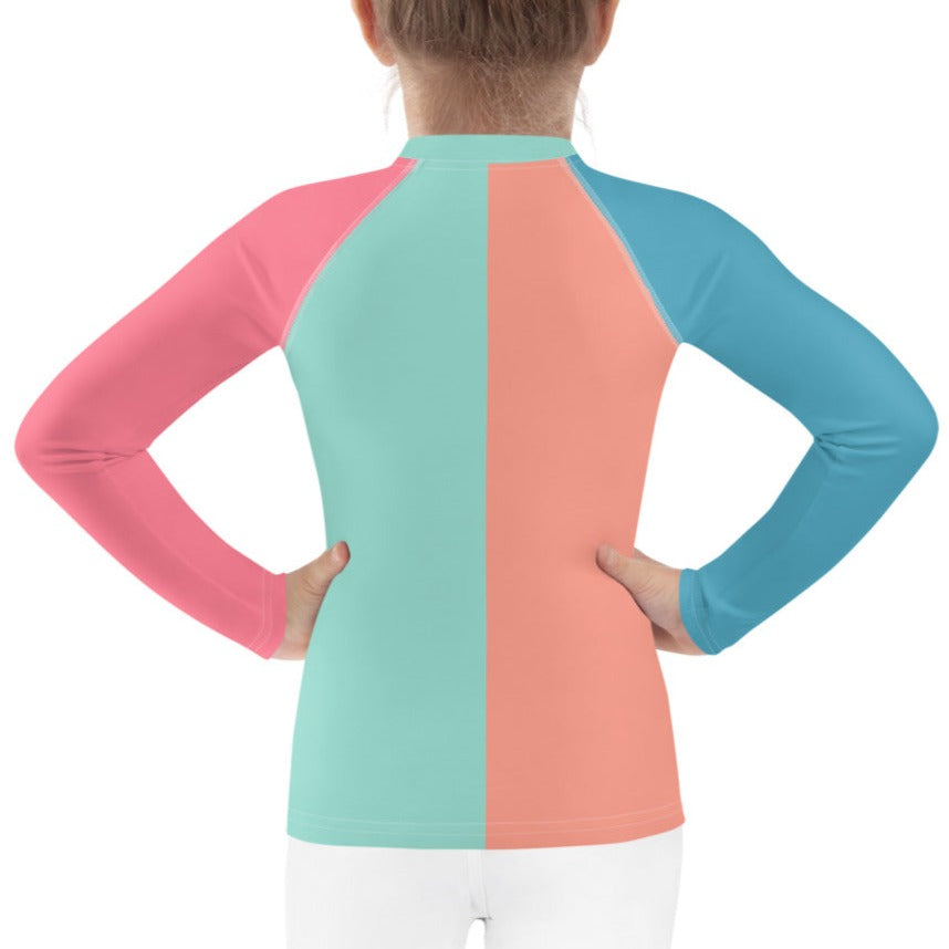 kids long sleeve rash guard swim top UPF50 palm beach by night colorblock pink.