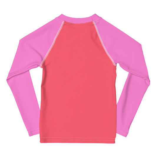 YMT classics kids long sleeve rash guard swim top UPF50 by night neon pink coral.