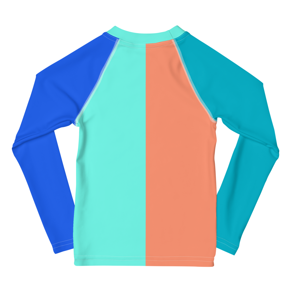 kids long sleeve rash guard swim top UPF50 miami by night colorblock blue.