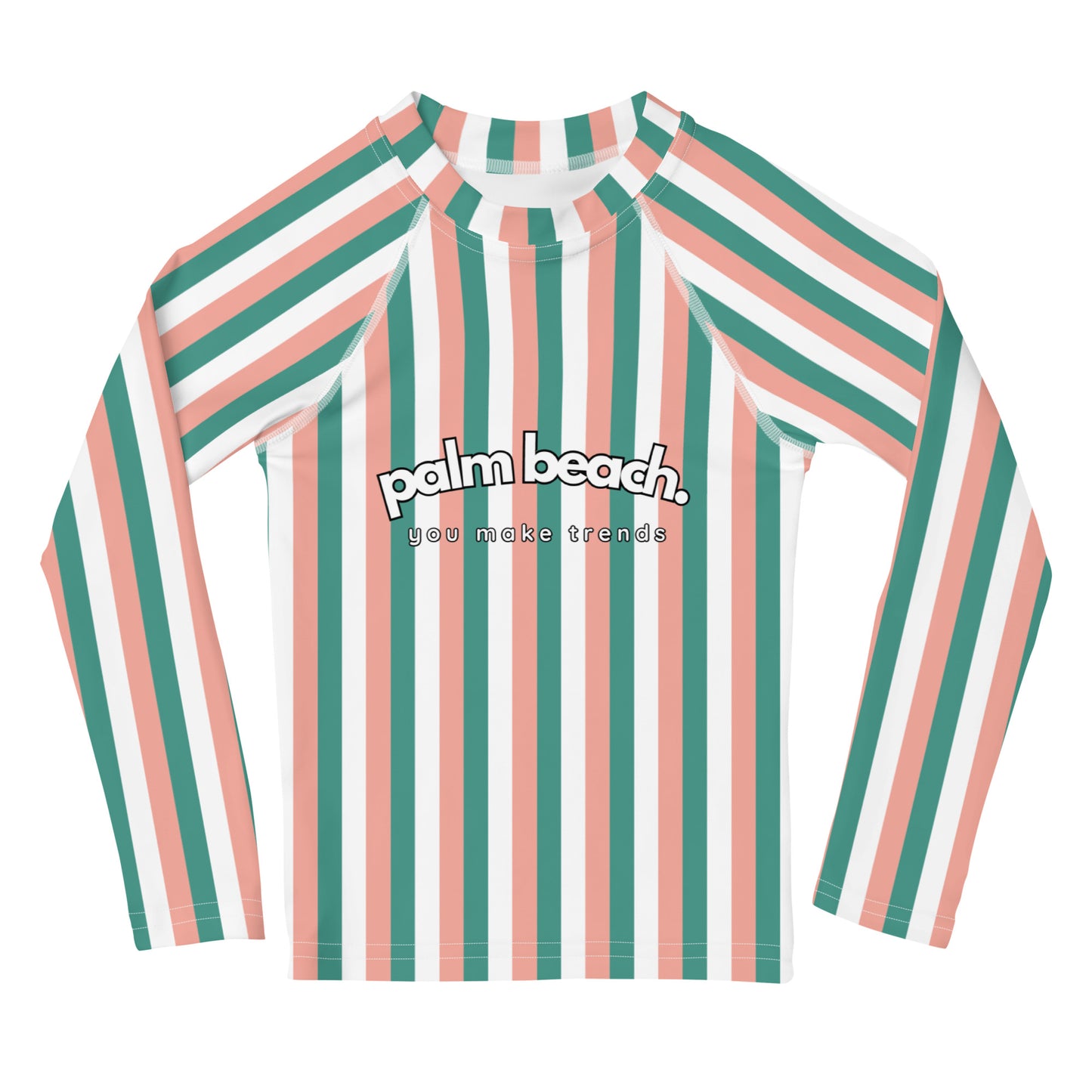 kids long sleeve rash guard swim top UPF50 palm beach by day pink green stripes.