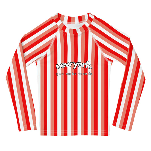 kids long sleeve rash guard swim top UPF50 new york by day pink coral red stripes.