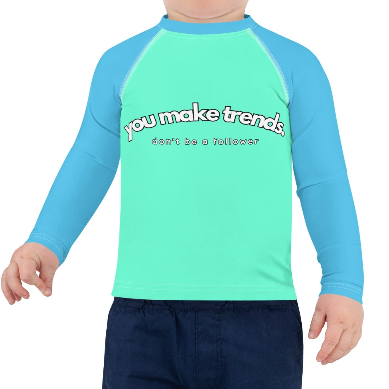 YMT classics kids long sleeve rash guard swim top UPF50 by night neon green blue.