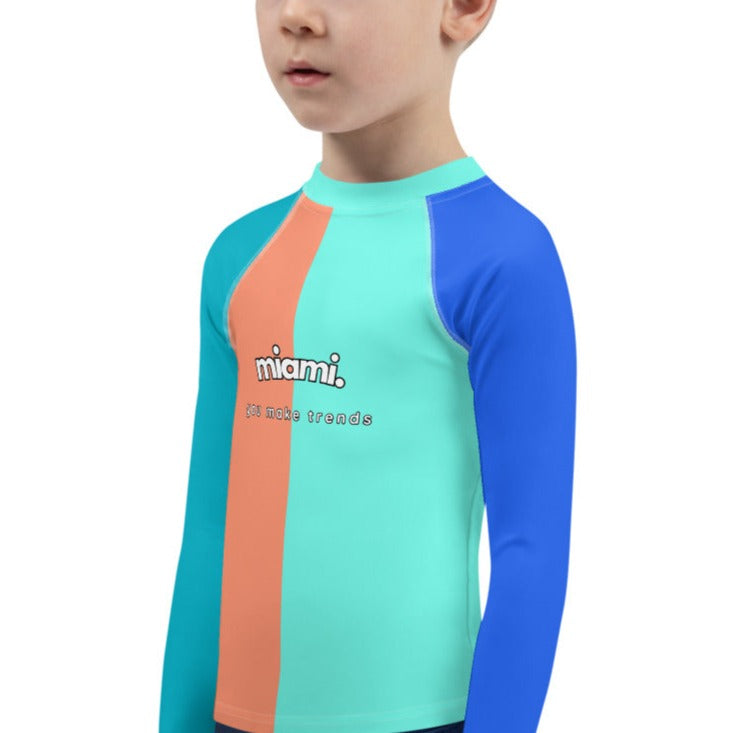 kids long sleeve rash guard swim top UPF50 miami by night colorblock blue.