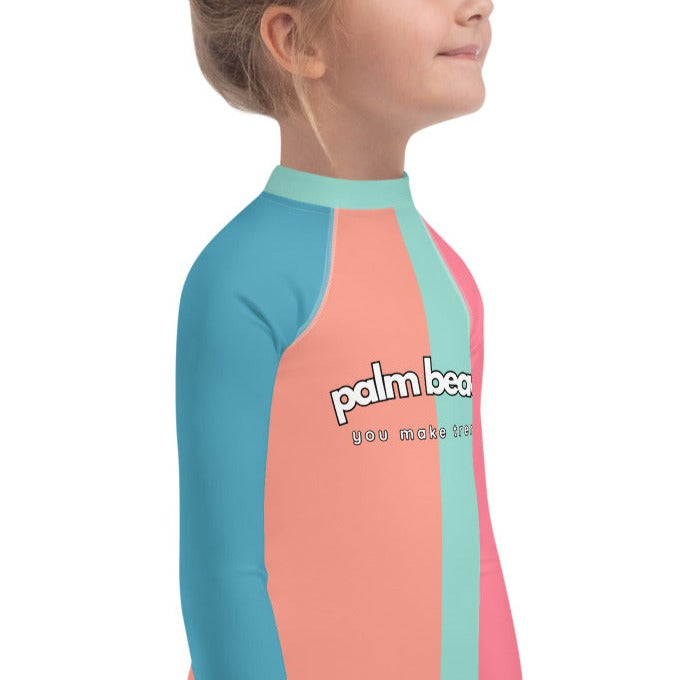 kids long sleeve rash guard swim top UPF50 palm beach by night colorblock pink.
